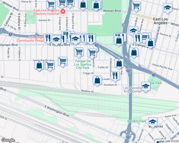 map of restaurants, bars, coffee shops, grocery stores, and more near 1339 South Sunol Drive in Los Angeles