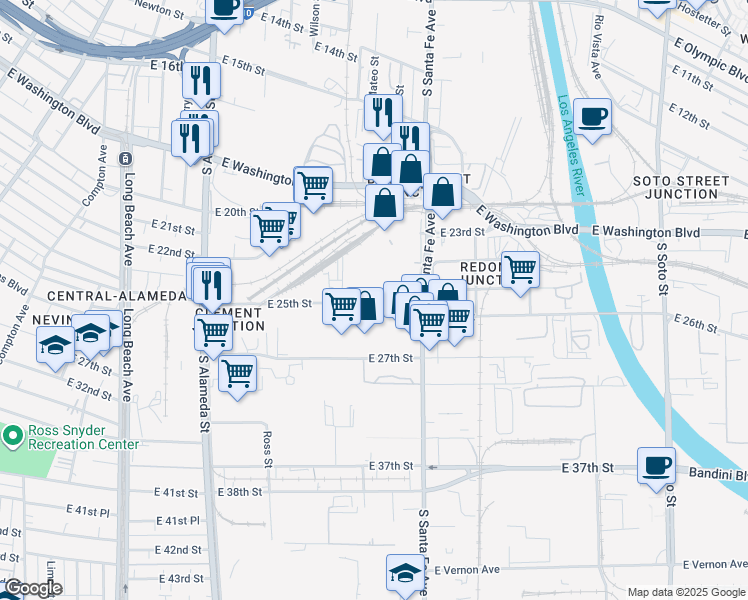 map of restaurants, bars, coffee shops, grocery stores, and more near 2131 East 25th Street in Los Angeles