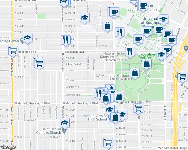 map of restaurants, bars, coffee shops, grocery stores, and more near 1103 West 39th Street in Los Angeles