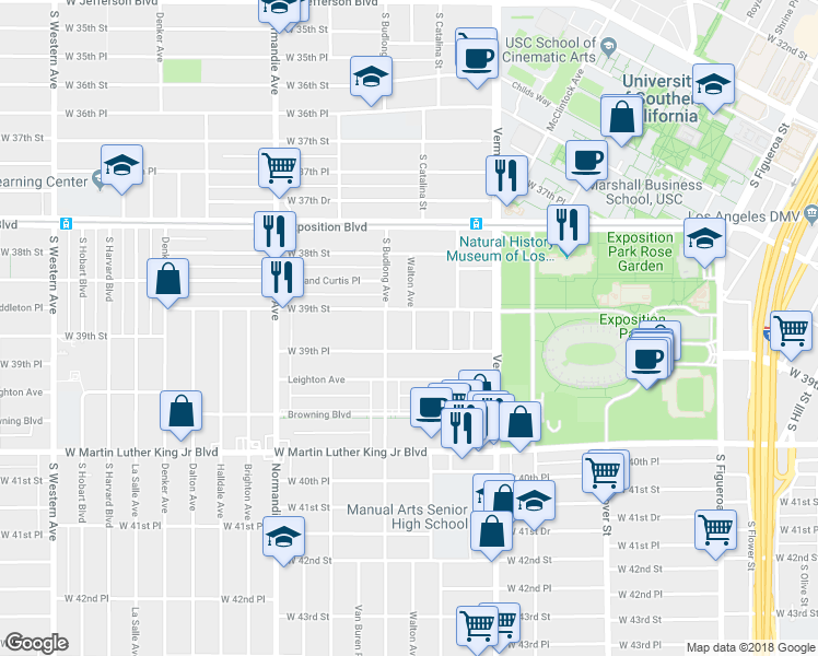 map of restaurants, bars, coffee shops, grocery stores, and more near 1103 West 39th Street in Los Angeles