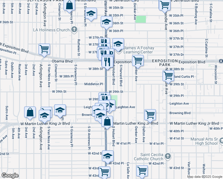 map of restaurants, bars, coffee shops, grocery stores, and more near 3863 South Hobart Boulevard in Los Angeles
