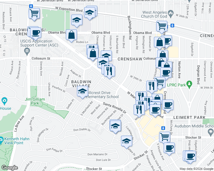 map of restaurants, bars, coffee shops, grocery stores, and more near 4125 Palmyra Road in Los Angeles