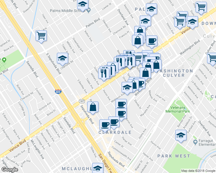 map of restaurants, bars, coffee shops, grocery stores, and more near 10937 Venice Boulevard in Los Angeles