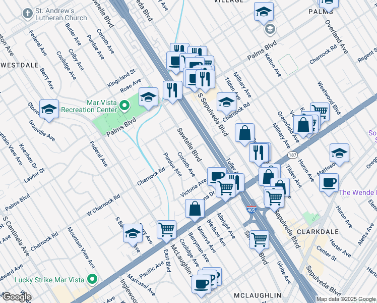 map of restaurants, bars, coffee shops, grocery stores, and more near 3549 Sawtelle Boulevard in Los Angeles