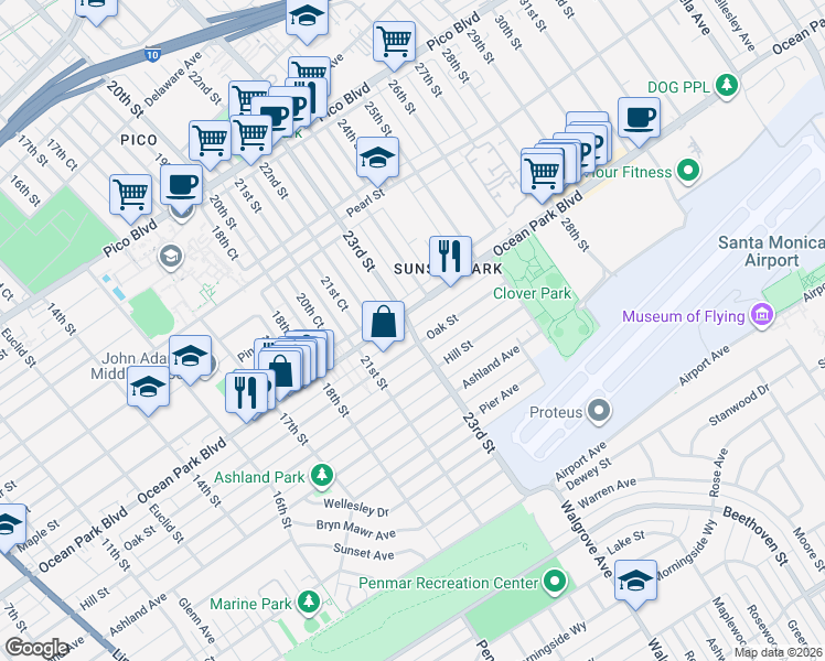 map of restaurants, bars, coffee shops, grocery stores, and more near 2318 Ocean Park Place South in Santa Monica