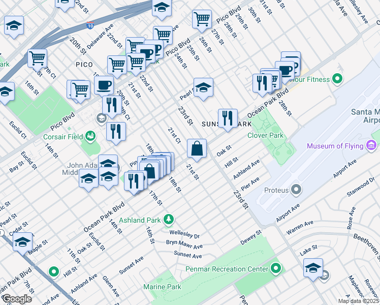 map of restaurants, bars, coffee shops, grocery stores, and more near 2217 Ocean Park Place North in Santa Monica