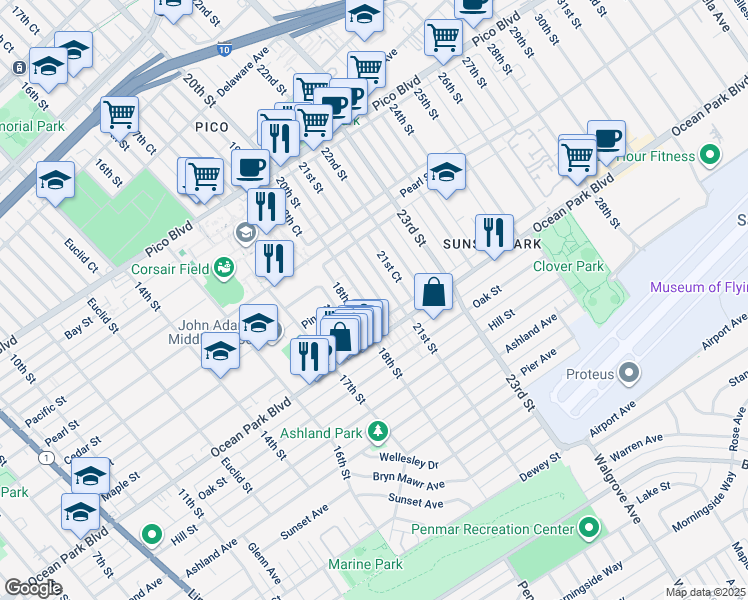 map of restaurants, bars, coffee shops, grocery stores, and more near 2419 20th Street in Santa Monica