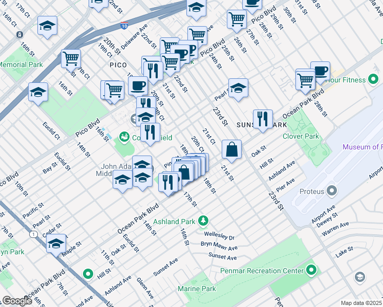 map of restaurants, bars, coffee shops, grocery stores, and more near 2419 20th Street in Santa Monica