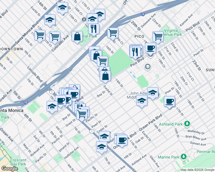 map of restaurants, bars, coffee shops, grocery stores, and more near 1945 Euclid Street in Santa Monica
