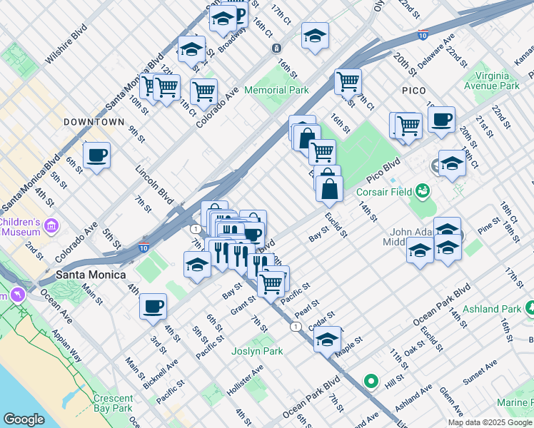 map of restaurants, bars, coffee shops, grocery stores, and more near 1843 11th Street in Santa Monica