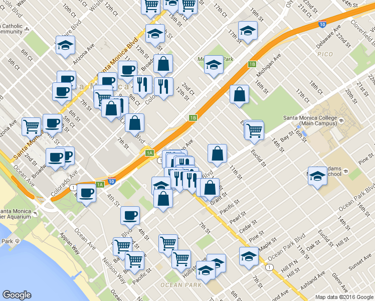 map of restaurants, bars, coffee shops, grocery stores, and more near 1750 10th Street in Santa Monica