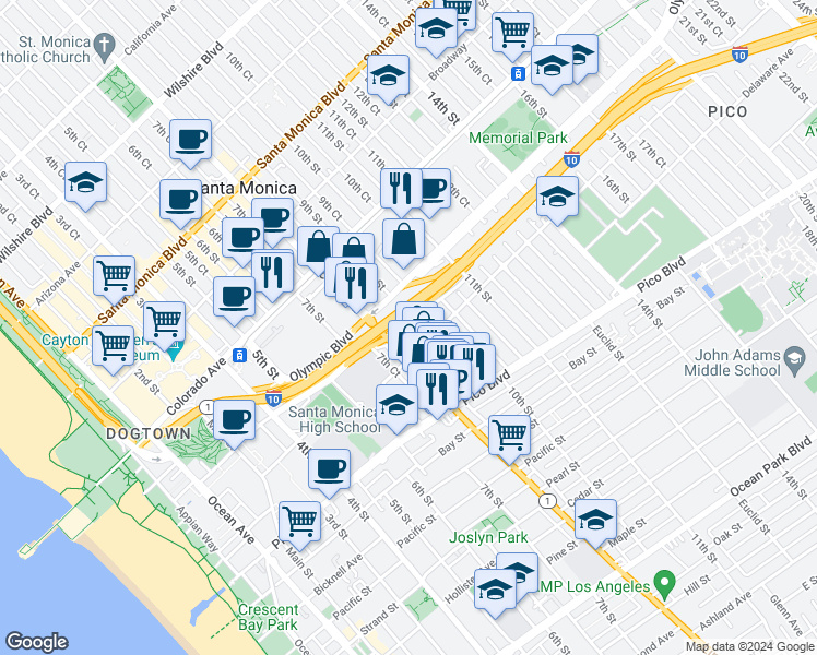 map of restaurants, bars, coffee shops, grocery stores, and more near 1738 9th Street in Santa Monica