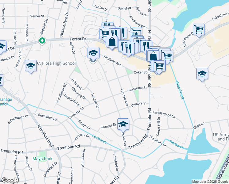 map of restaurants, bars, coffee shops, grocery stores, and more near 5028 Clemson Avenue in Columbia