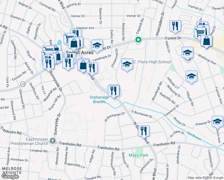 map of restaurants, bars, coffee shops, grocery stores, and more near 2050 South Carolina 16 in Columbia