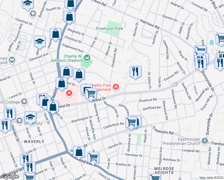 map of restaurants, bars, coffee shops, grocery stores, and more near 1609-1631 Pinehurst Road in Columbia