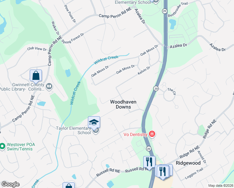 map of restaurants, bars, coffee shops, grocery stores, and more near 1867 Kelvin Drive in Lawrenceville