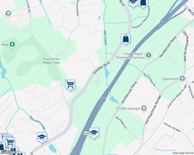 map of restaurants, bars, coffee shops, grocery stores, and more near 1043 Nightfall Court Northwest in Suwanee