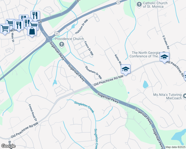 map of restaurants, bars, coffee shops, grocery stores, and more near 3423 Stoneham Drive Northwest in Duluth