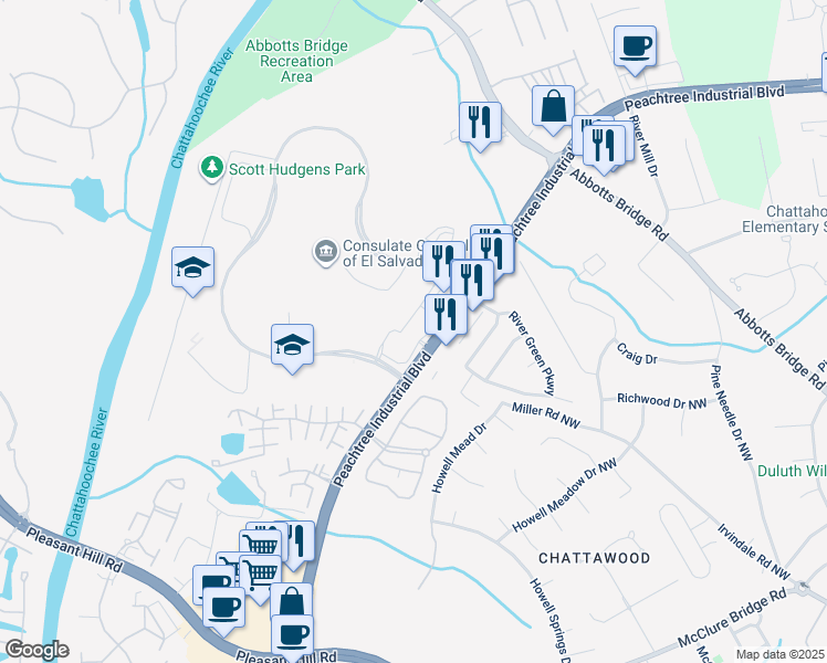 map of restaurants, bars, coffee shops, grocery stores, and more near 3400 Corporate Way in Duluth