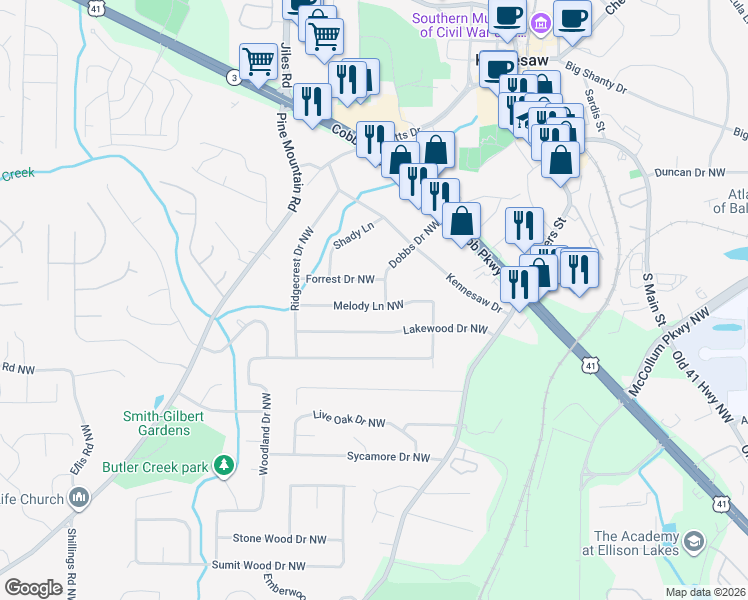 map of restaurants, bars, coffee shops, grocery stores, and more near 2531 Dobbs Drive Northwest in Kennesaw