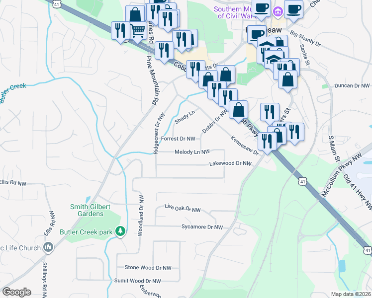map of restaurants, bars, coffee shops, grocery stores, and more near 2441 Forrest Drive Northwest in Kennesaw