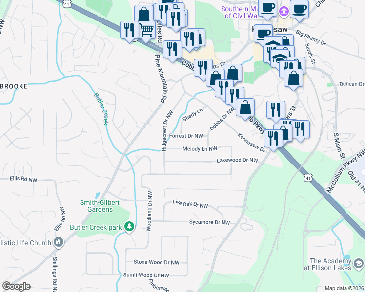 map of restaurants, bars, coffee shops, grocery stores, and more near 2470 Melody Lane Northwest in Kennesaw