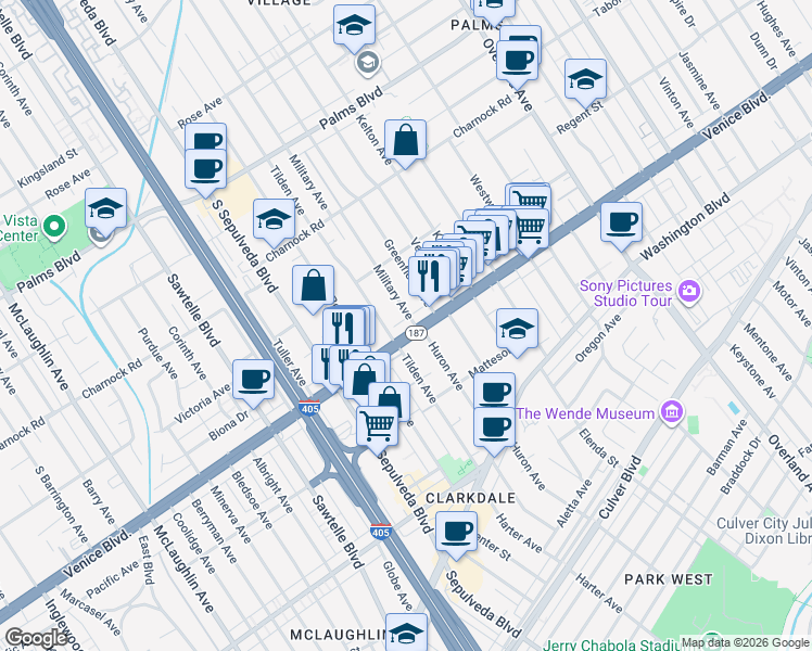 map of restaurants, bars, coffee shops, grocery stores, and more near 3752 Military Avenue in Los Angeles