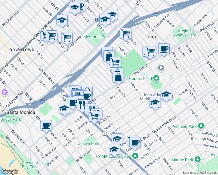 map of restaurants, bars, coffee shops, grocery stores, and more near in Santa Monica
