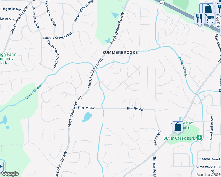 map of restaurants, bars, coffee shops, grocery stores, and more near 3020 Kaley Drive Northwest in Kennesaw