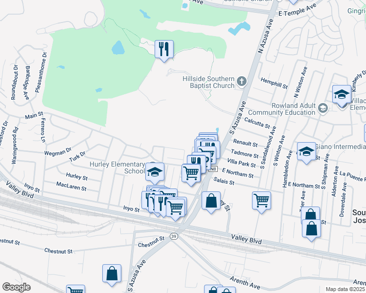 map of restaurants, bars, coffee shops, grocery stores, and more near 17345 Villa Park Street in La Puente