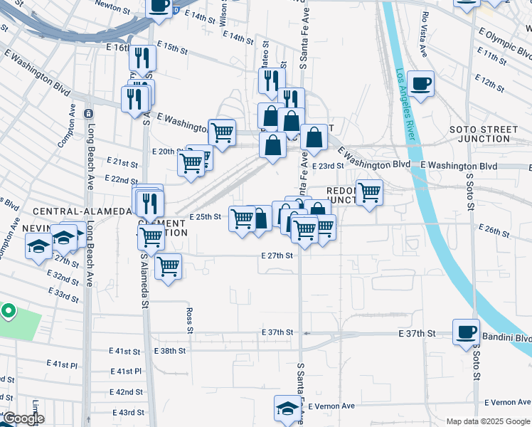 map of restaurants, bars, coffee shops, grocery stores, and more near 2131 East 25th Street in Los Angeles