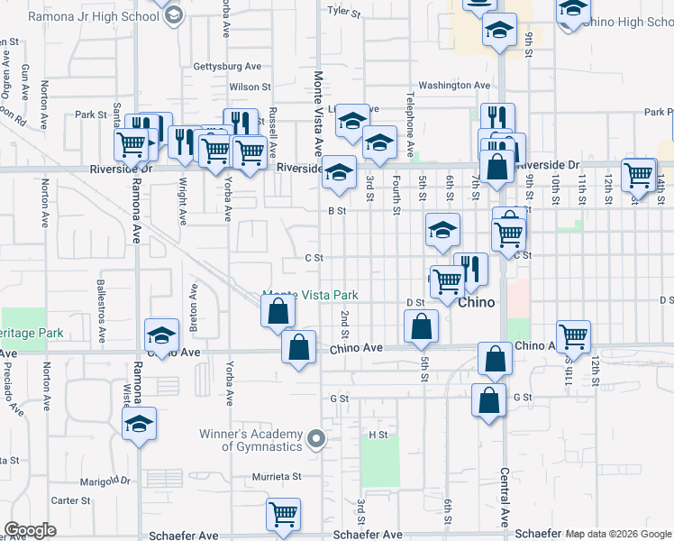 map of restaurants, bars, coffee shops, grocery stores, and more near 13124 2nd Street in Chino