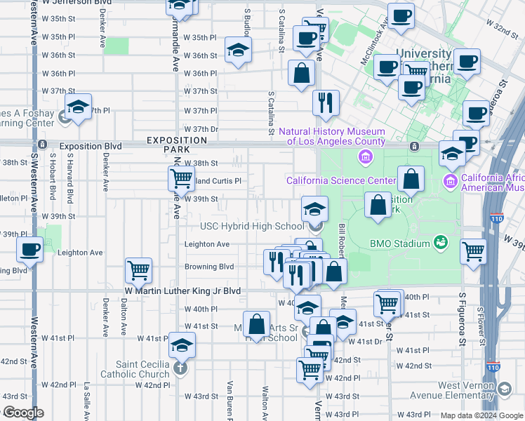 map of restaurants, bars, coffee shops, grocery stores, and more near 3921 Walton Avenue in Los Angeles
