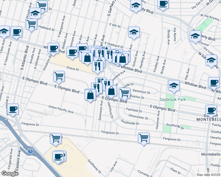map of restaurants, bars, coffee shops, grocery stores, and more near 1016 Simmons Avenue in East Los Angeles
