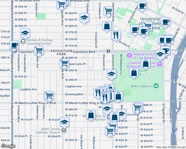 map of restaurants, bars, coffee shops, grocery stores, and more near 3919 Walton Avenue in Los Angeles