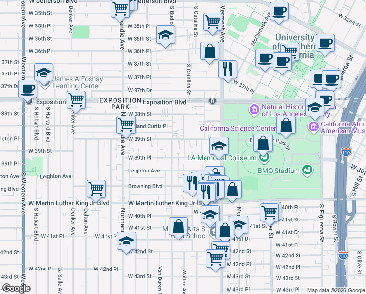 map of restaurants, bars, coffee shops, grocery stores, and more near 1103 West 39th Street in Los Angeles