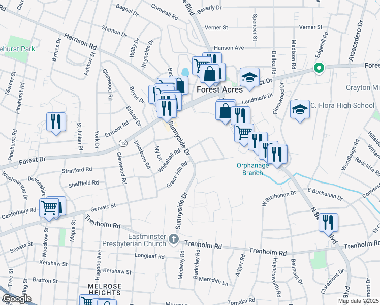 map of restaurants, bars, coffee shops, grocery stores, and more near 1430 Sunnyside Drive in Columbia
