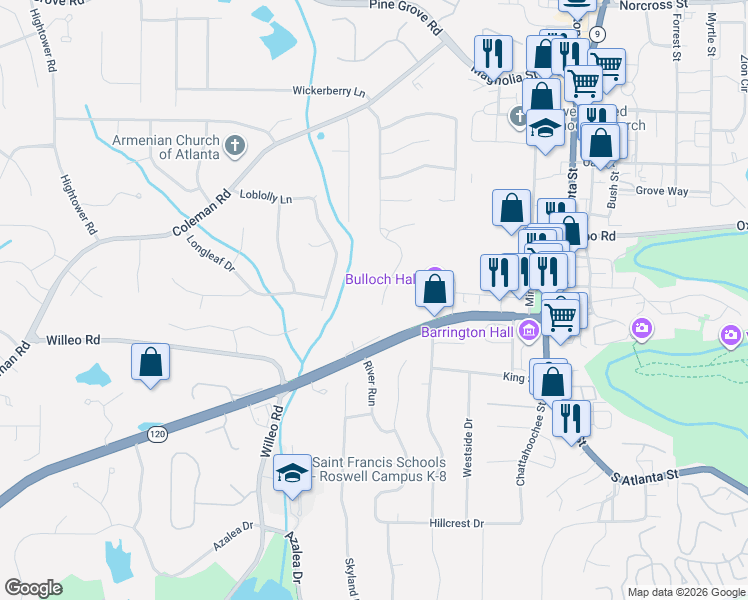 map of restaurants, bars, coffee shops, grocery stores, and more near 9645 Loblolly Lane in Roswell