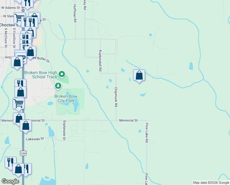 map of restaurants, bars, coffee shops, grocery stores, and more near 1100 Kuykendall Road in Broken Bow