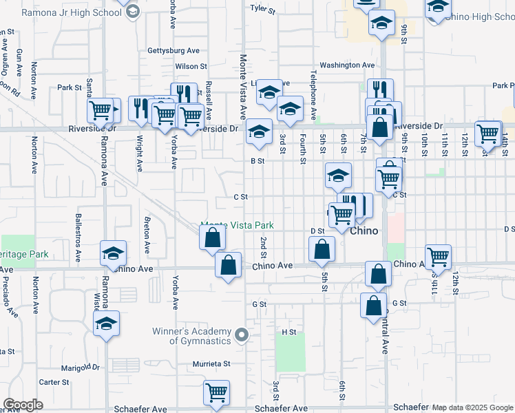 map of restaurants, bars, coffee shops, grocery stores, and more near 13124 2nd Street in Chino
