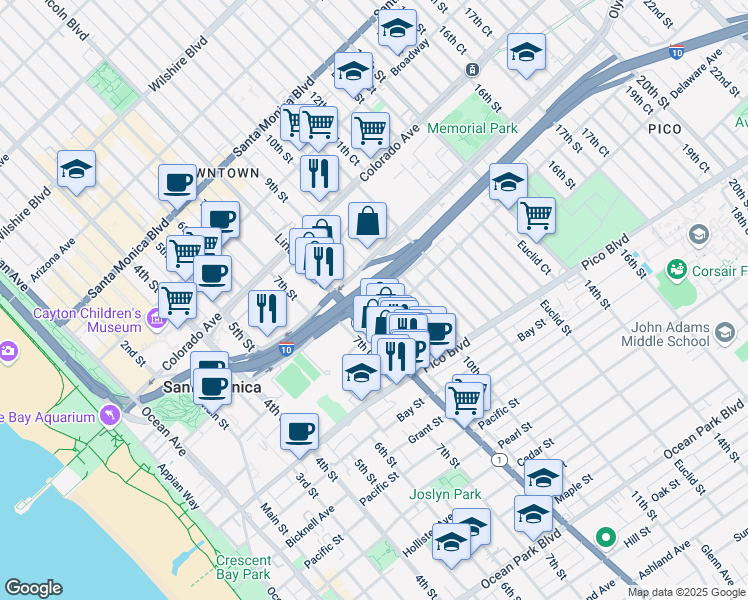 map of restaurants, bars, coffee shops, grocery stores, and more near 1738 9th Street in Santa Monica