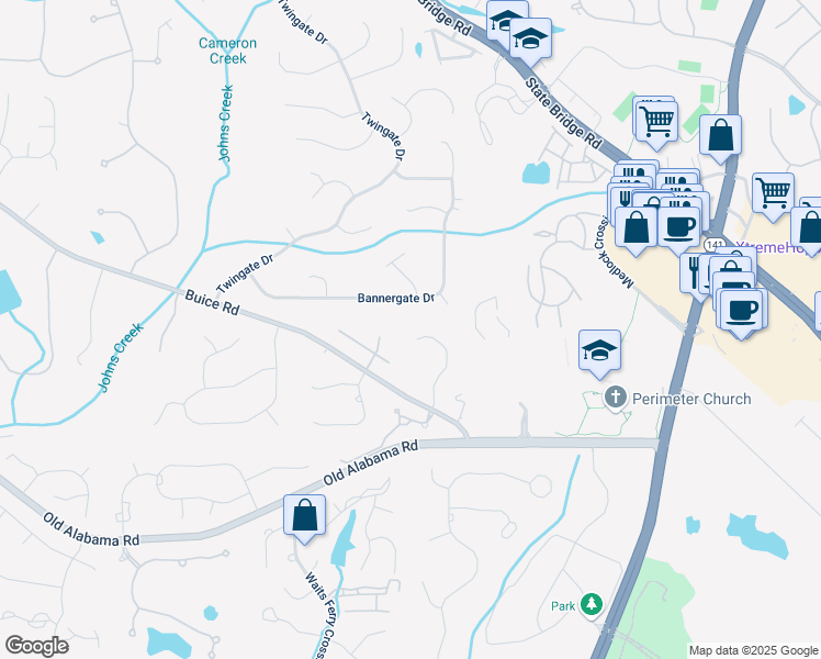 map of restaurants, bars, coffee shops, grocery stores, and more near 5365 Bannergate Drive in Alpharetta