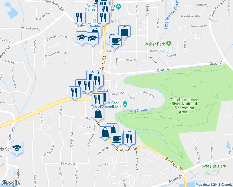 map of restaurants, bars, coffee shops, grocery stores, and more near Vickery Street in Roswell