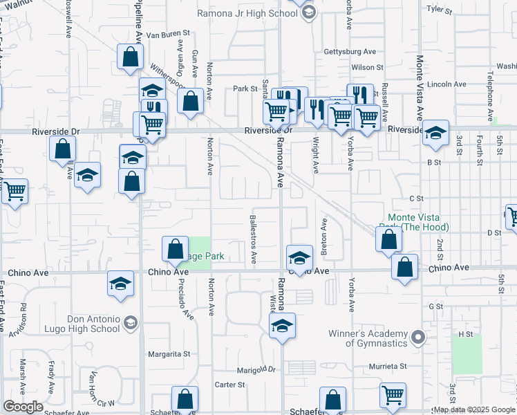 map of restaurants, bars, coffee shops, grocery stores, and more near 4524 Carmen Street in Chino