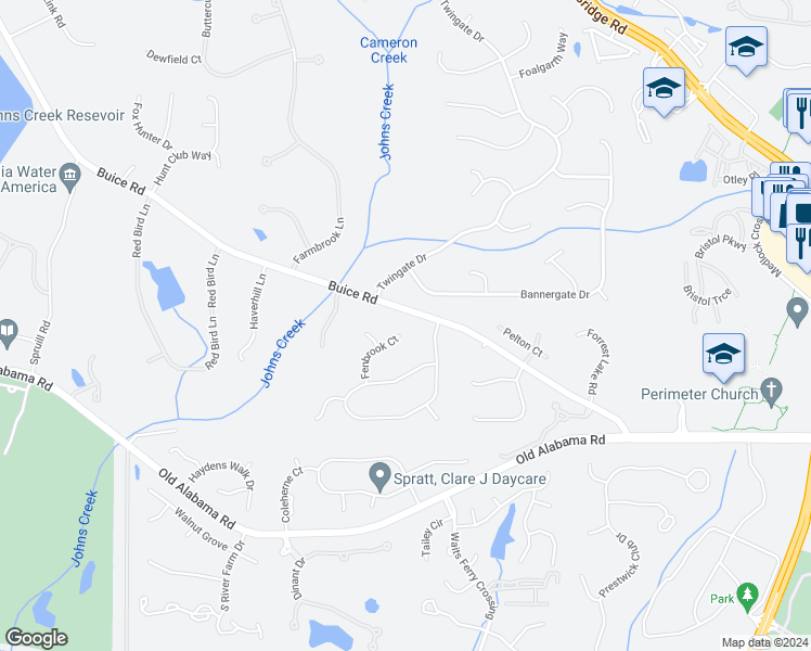 map of restaurants, bars, coffee shops, grocery stores, and more near 9590 Fenbrook Court in Alpharetta