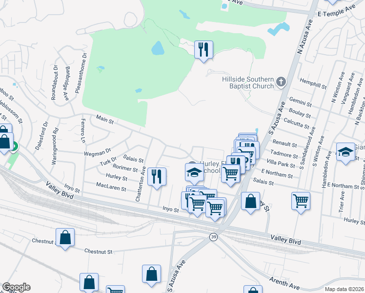 map of restaurants, bars, coffee shops, grocery stores, and more near 17105 Main Street in La Puente