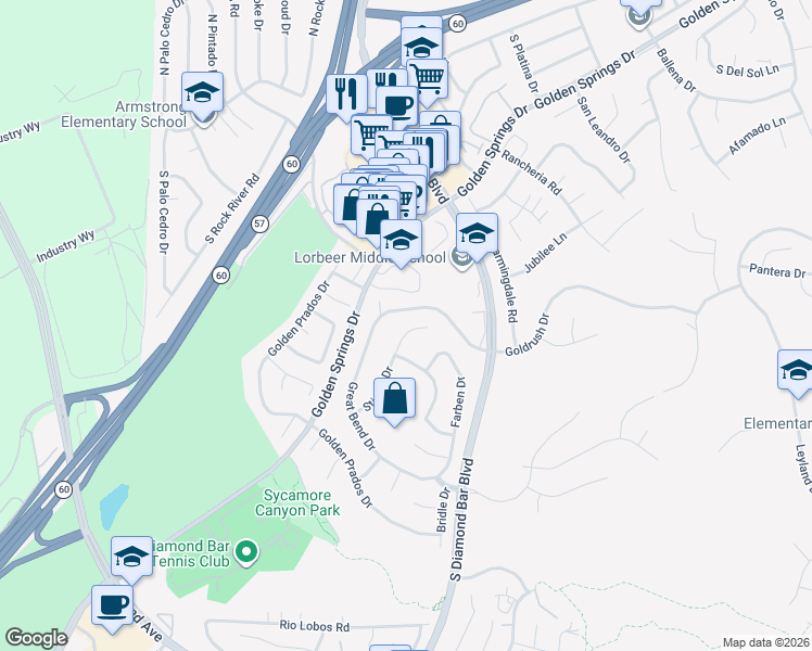 map of restaurants, bars, coffee shops, grocery stores, and more near 23315 Goldrush Drive in Diamond Bar