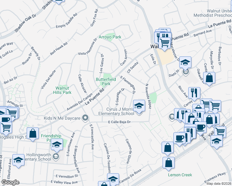 map of restaurants, bars, coffee shops, grocery stores, and more near 3445 South Gauntlet Drive in West Covina