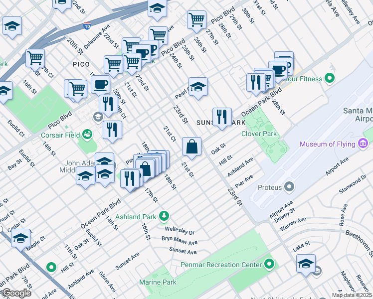 map of restaurants, bars, coffee shops, grocery stores, and more near 2217 Ocean Park Place North in Santa Monica