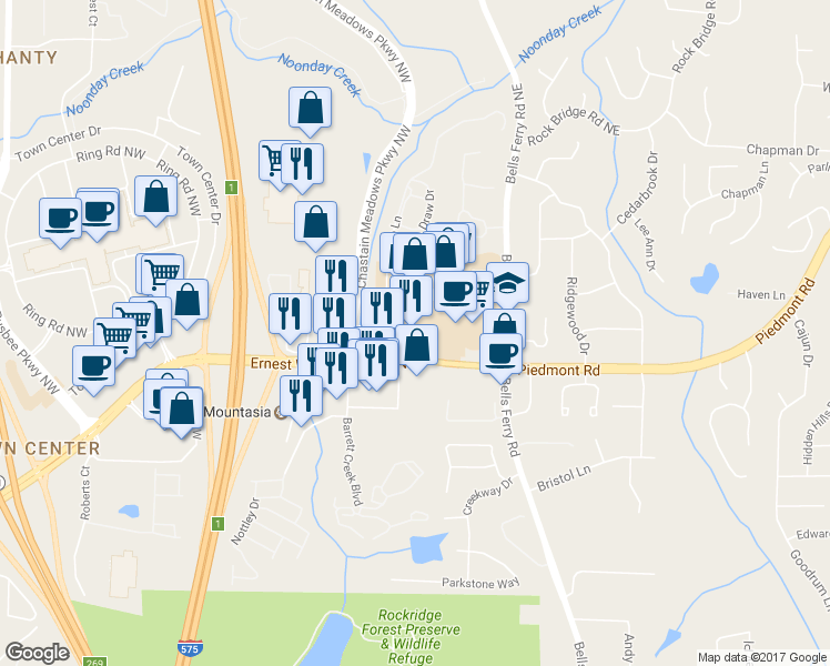 map of restaurants, bars, coffee shops, grocery stores, and more near Prado Lane in Marietta